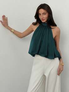 Aloruh Women's Summer Elegant Solid Color Pleated Halter Neck Top - Teal Blue - View 3