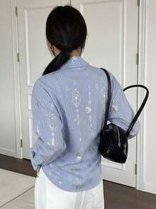 DAZY 女士宽松条纹休闲/校服衬衫 - 藍色 - 查看 3