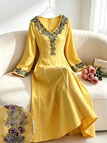 Al Najma Embroidered Lace Patchwork Elegant Modest Long Sleeve Dress - Yellow - View 3