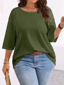 Plus Size Women Solid Color Round Neck Drop Shoulder Casual Loose T-Shirt Fall - Army Green - View 4