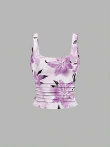 SHEIN EZwear 女款百搭修身針織背心3件組，休閒百搭收腰抓皺修身背心，夏季百合印花圖案，紫色與白色背心組女上衣 - 彩色 - 查看 5