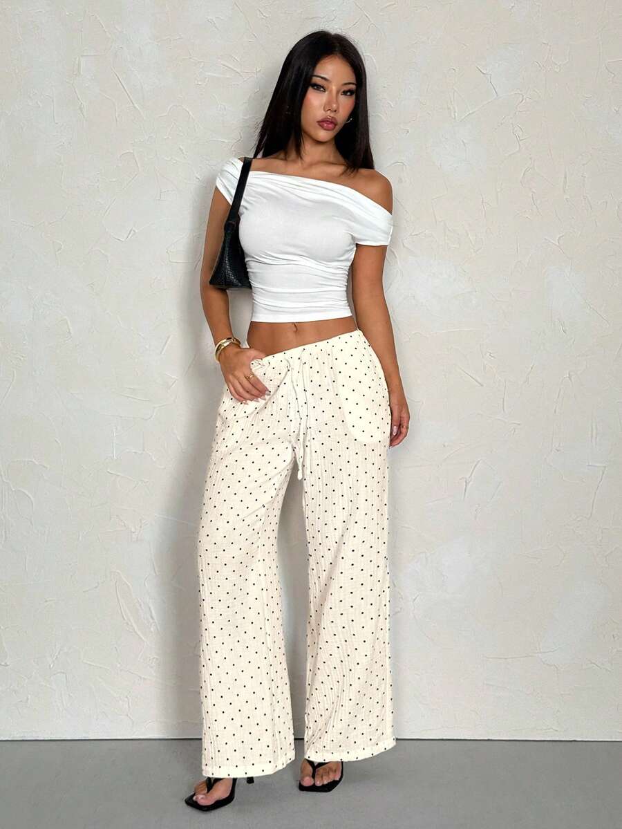 SHEIN PETITE Quần ống rộng chấm bi dệt kim thắt eo dành cho nữ, quần cotton trắng chấm bi, quần cotton mùa hè, quần hè cho nữ, bộ đồ đi nghỉ mát cho nữ, 100% quần áo cotton cho nữ, bộ đồ ngủ cho nữ, quần chấm bi mùa hè cho nữ. - trắng - Xem 1