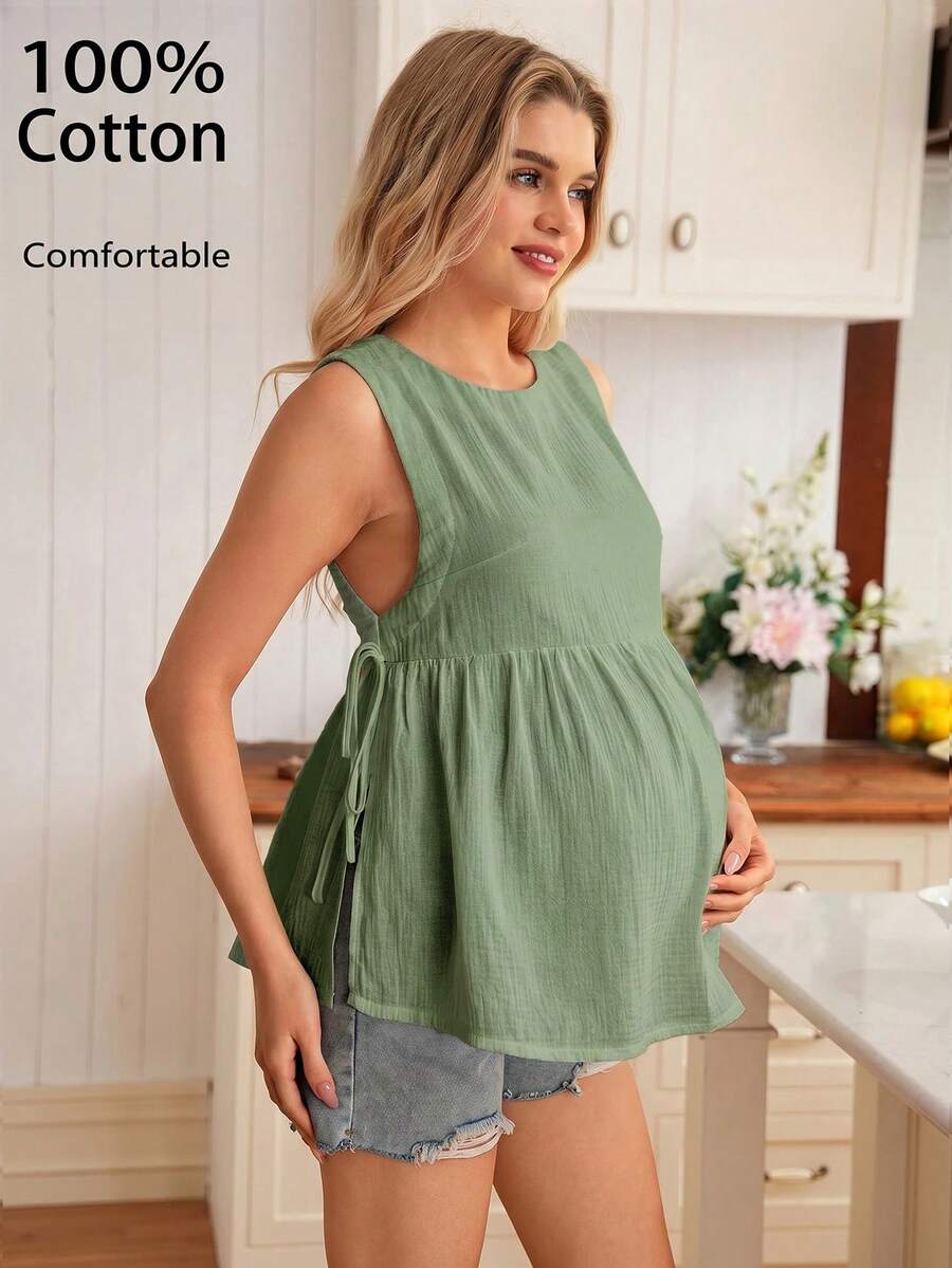 GentleRue Maternity Mödertröja i enfärgad design med rund halsringning, plisserad, avslappnad och mångsidig för dagligt bruk - Grön - Visa 1