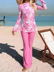 Swim Mulvari 26SS 夏季海滩度假女士保守粉紫渐变长袖喇叭裤布基尼套装 - 彩色 - 查看 5
