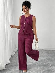SHEIN Clasi Plus Size Women's Solid Color Textured 2-Piece Set, Sleeveless Crew Neck Button Bodysuit High Waist Loose Straight Pants, Vacation Brunch Casual - Red Violet - View 7