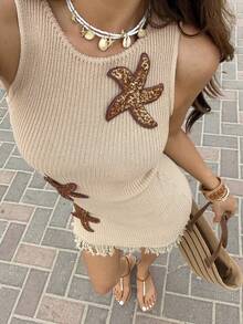 Muvela Women's Fashionable Beach Dress With Knitted Starfish And Shiny Tassel Trim, Suitable For Spring And Summer - Khaki - View 6