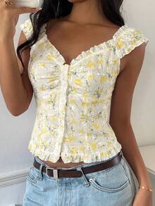 CovetEZ Women's Casual Yellow Floral Ruffle Trim Single-Breasted Shirt,Summer Top - Yellow - View 4