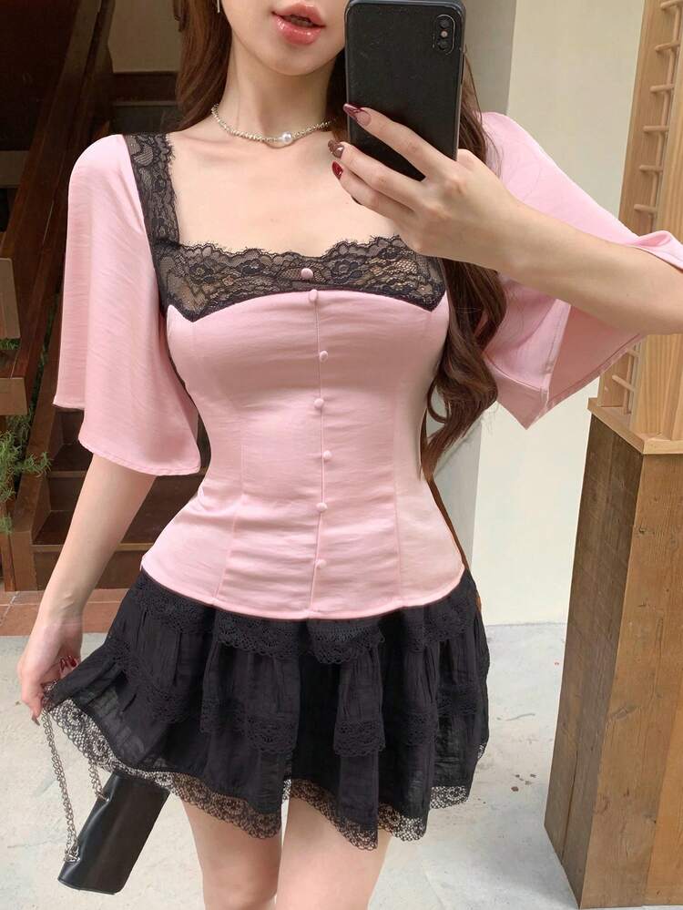 Spring Summer Pink Blouse With Hollow Lace Patchwork, Wedding Banquet Ball Gown Evening Dress, Fashion Party Slim Fit Elegant Commute Ruffle Short Sleeve Women's Shirt
