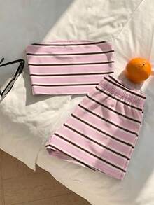 Comfortcana 粉色條紋女款兩件套套裝，適合度假、畢業季、夏季上衣、日常通勤、約會、聚會、秋冬春夏、聖誕節、新年、感恩節、派對、婚禮、海灘、畢業典禮、時尚、優雅、休閒、外出、約會、預購、通勤、亮面、情人節、優雅、度假、休閒、Y2K、外出、畢業典禮等場合 - 彩色 - 查看 3