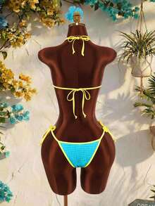 Amplova Women's Contrast Color Trim Swimwear Set, Tropical And Avant-Garde, Suitable For Holiday Wear Beach Vacation Blue Summer - Multicolor - View 11