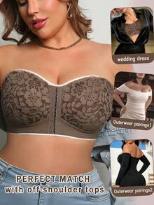 DesireSculpt Plus Size Wireless Lace Front Closure Bra, Sexy Lift And Gather, Invisible Back Bra, 1pc - Mocha Brown - View 8