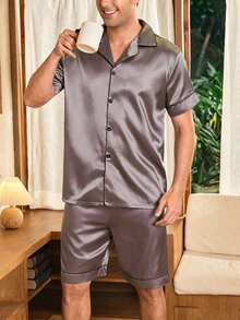 CoupledUp Men's Satin Solid Color Short Sleeve Shorts Pajama Set, Summer - Purple - View 4