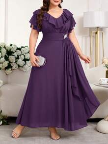 SHEIN Clasi Plus Size Women's Solid Color Ruffle V-Neck Elegant Dress - Purple - View 4