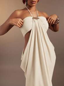 Hauture Olive Green Bandeau Cut Out Side Draped Gathered Side Halter Neck Maxi Dess - Apricot - View 6