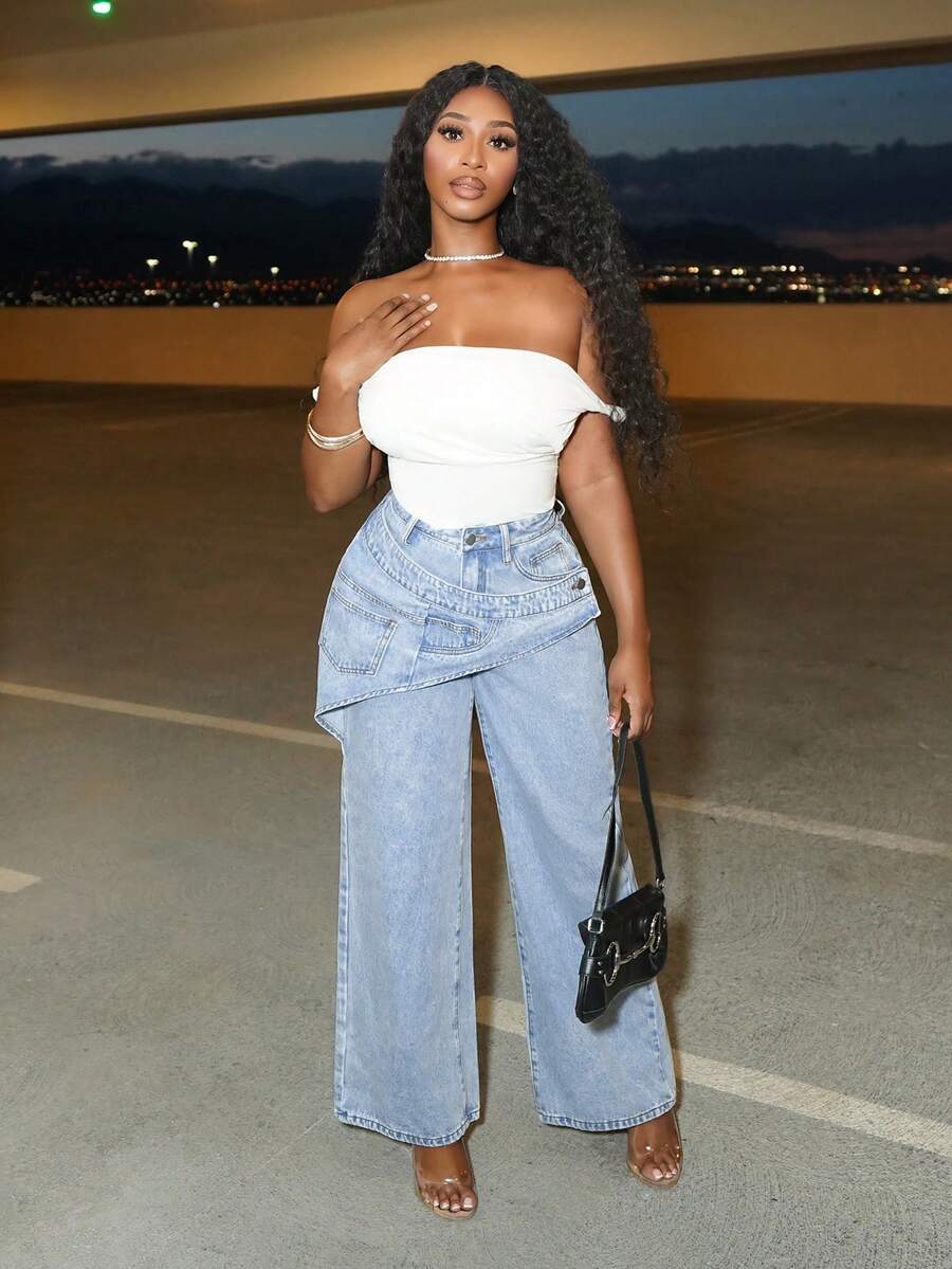 Slaydiva Women's 2 In 1 Design Wide Leg Loose Casual Sexy Jeans Swimming Pastal Summer - Blue - View 1