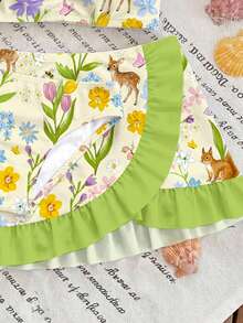 Serie Verde de Ciervos & Ardillas, Conjuntos de Flores Prensadas, Flores Silvestres Bohemias, Conjuntos Botánicos Vintage, Conjuntos de Naturaleza Floral Pastel, Conjunto de Traje de Baño de 3 Piezas con Volantes Impreso para Niñas Jóvenes de Jardín, Traje de Baño Infantil - Blanco - Ver 5