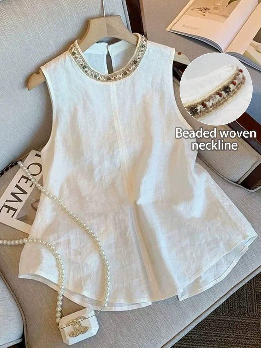SHEIN Franclia 女士无袖衬衫领珍珠刺绣亚麻质感无袖露背休闲度假优化吊带背心 - 白色 - 查看 1