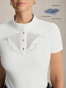 Activina Women's Rhinestone Embellished Short Sleeve Button Design Equestrian Top - White - View 1
