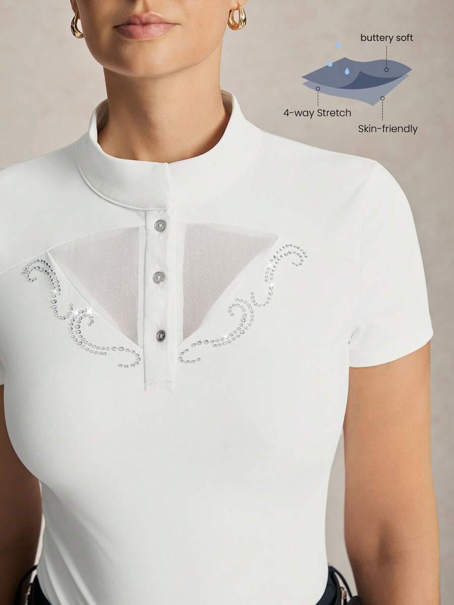 Activina Women's Rhinestone Embellished Short Sleeve Button Design Equestrian Top - White - View 1