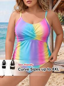 SHEIN CURVE+ Plus Size Spaghetti Strap Gradient Color Tankini Top, Summer - Multicolor - View 1