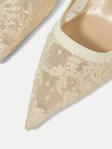 CUCCOO HITCHD 女鞋春夏蕾絲刺繡後綁帶金屬扣尖頭細高跟鞋，新娘風女式高跟涼鞋，適用婚禮宴會派對約會通勤購物度假禮物 - 白色H - 查看 5