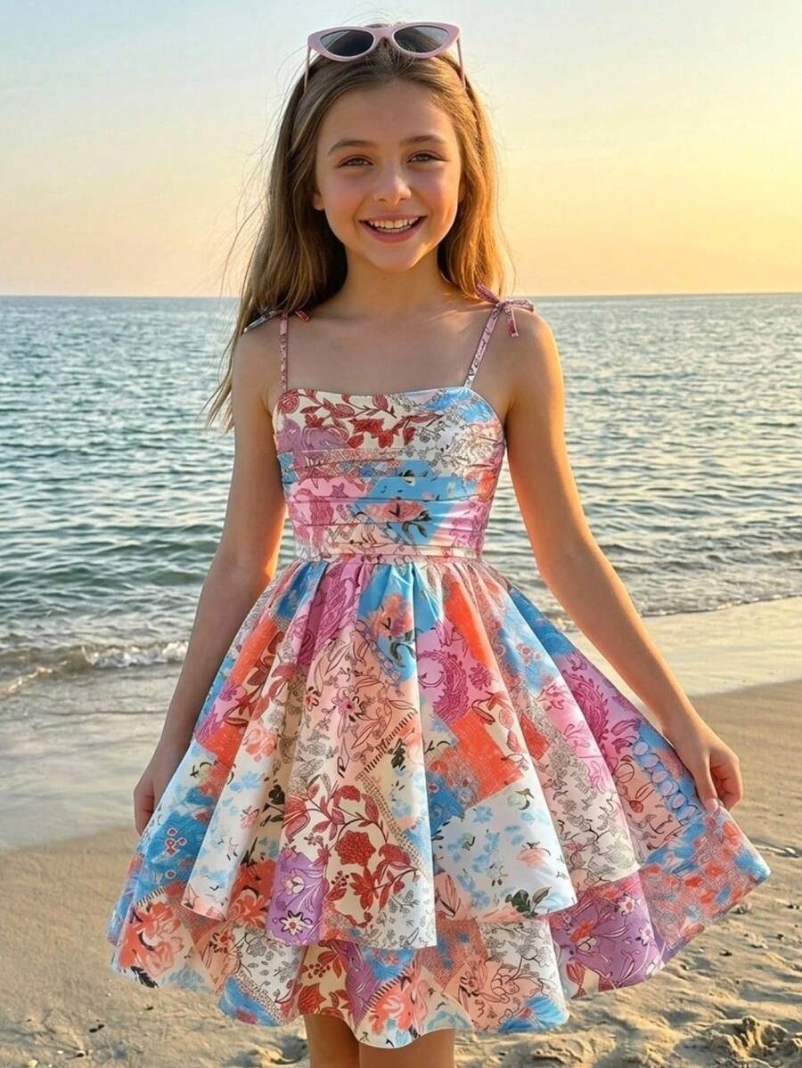 SHEIN Tween Girls' Summer Casual Vacation Sleeveless A-Line Chiffon Dress - Multicolor - View 1