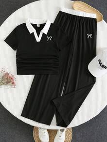 青少年女孩蝴蝶結印花T恤 & 內搭褲 2件套，休閒日常時尚百搭 - 黑色 - 查看 5