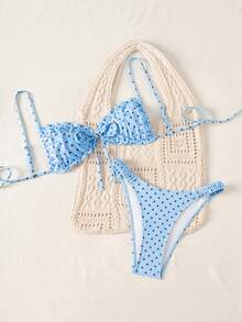 Swim Mod Polka Dot Print Bikini, Sexy Beachwear Swimwear With Adjustable Straps For Women, Spring/Summer - Blue - View 4