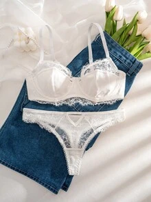 SHEIN Set de 2 piezas de sujetador con encaje y refuerzo cómodo para mujer - Blanco - Ver 3