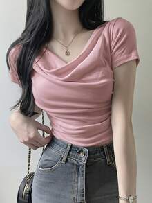 DAZY 春夏款粉色垂領女款短袖T恤，收腰設計，優雅休閒度假風，適合情人節、婚禮、通勤穿搭 - 粉色 - 查看 5