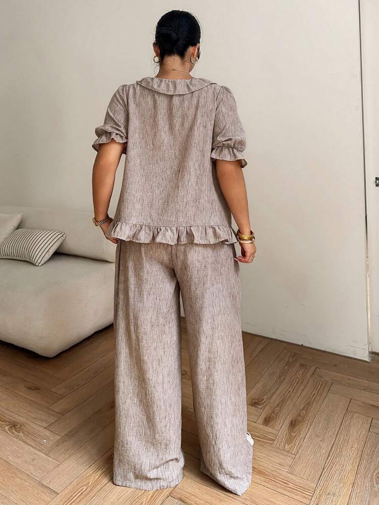 Dazy Plus Ruffled Hem Summer Vacation Loose Casual Top And Wide Leg Pants 2 Pieces Set For Women