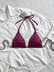 Oceva 女款鏤空裝飾掛脖綁帶比基尼上衣，適合夏季度假海灘，紫色性感 - 中紫紅色 - 查看 3