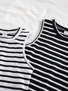 Genkimix Kids 2pcs/Set Girls' Black And White Ribbed Pattern Ribbed Sleeveless Casual Bodycon Dress, Summer Birthday - Black and White - View 2