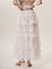 Willow Rêve Embroidered Layered Tulle Lace Cake Skirt For Women - White - View 2