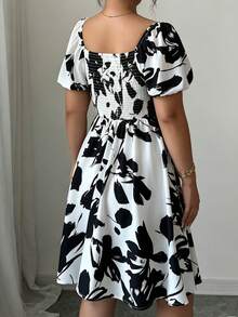 Elenzga Plus Size Square Neck Puff Sleeve Summer Elegant Vintage Floral Print Dress Shopping Evening Formal Wedding Guest Floral Black And White - Black and White - View 2