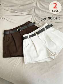 INAWLY Women's Solid Color Pleated Pocket Casual Shorts - Multicolor - View 1