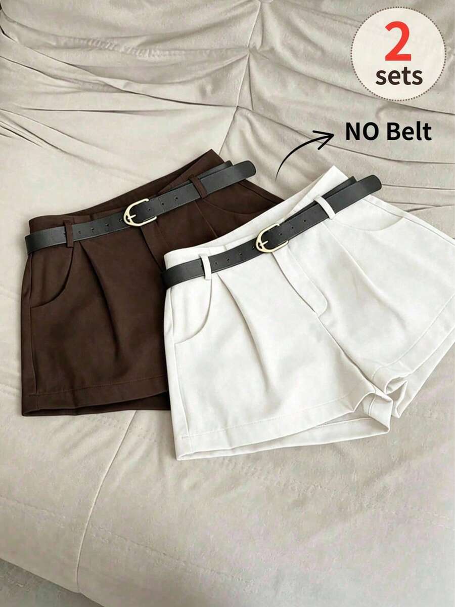 INAWLY Women's Solid Color Pleated Pocket Casual Shorts - Multicolor - View 1