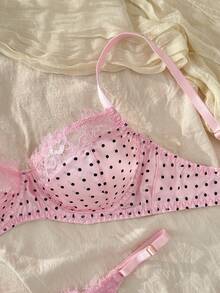 CottageSlumber 2pcs Women Lace Patchwork Lingerie Set With Polka Dot Print Decor - Pink - View 3