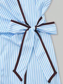 SHEIN PariChic Women's Summer Beach Vacation Blue And White Stripe Print Trim Tie-Front Mini Cami Dress Sexy - Blue - View 4