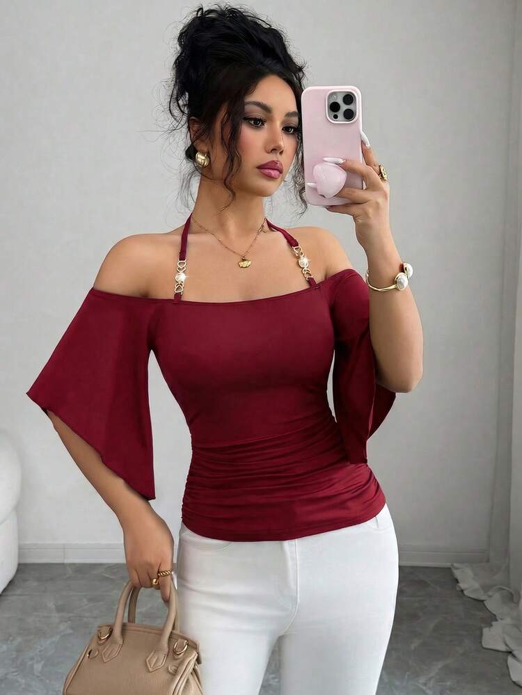 SHEIN Elenzya 女款素色細肩帶T恤，露肩半袖極簡優雅貼身抓皺上衣，春夏季新品，適合日常、通勤、音樂節、晚餐、派對，復古百搭 - 酒紅色 - 查看 5