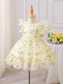 SHEIN Glamorique Kids 刺繡公主洋裝，小飛袖腰部貼身正式洋裝，適用於幼童，四季皆宜 - 彩色 - 查看 4
