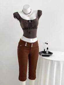 Elamini Women's Casual Retro Low-Waist Skinny 3/4 Length Denim Jeans - Brown - View 3