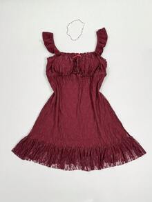 Sweetra Plus Size Women's Burgundy Lace Square Neck Puff Sleeve Cinched Waist A-Line Short Dress, French Sexy Style, Slimming Fit, Birthday Wedding - Burgundy - View 11