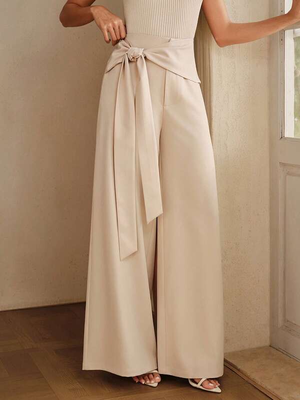 Anewsta Women's Tie-Up Suit Pants, Elegant Casual Business Commute Straight Loose Wide-Leg Trousers