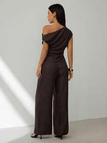 SHEIN PETITE Dark Brown Summer Elegant Dining Women's Two Pieces Set, Off-Shoulder Metal Buckle Design Flowy Top High-Waisted Wide-Leg Trousers Night Out - Brown - View 3