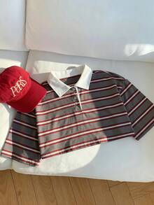 Comfortcana 女款夏季美式休閒拼色條紋學院風短版 Polo 衫，適合外出、運動、休閒、學院風 - 彩色 - 查看 6