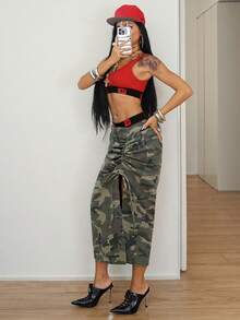 SHEIN Women's Camouflage Side Drawstring Split Hem Fashion Denim Skirt - Multicolor - View 5
