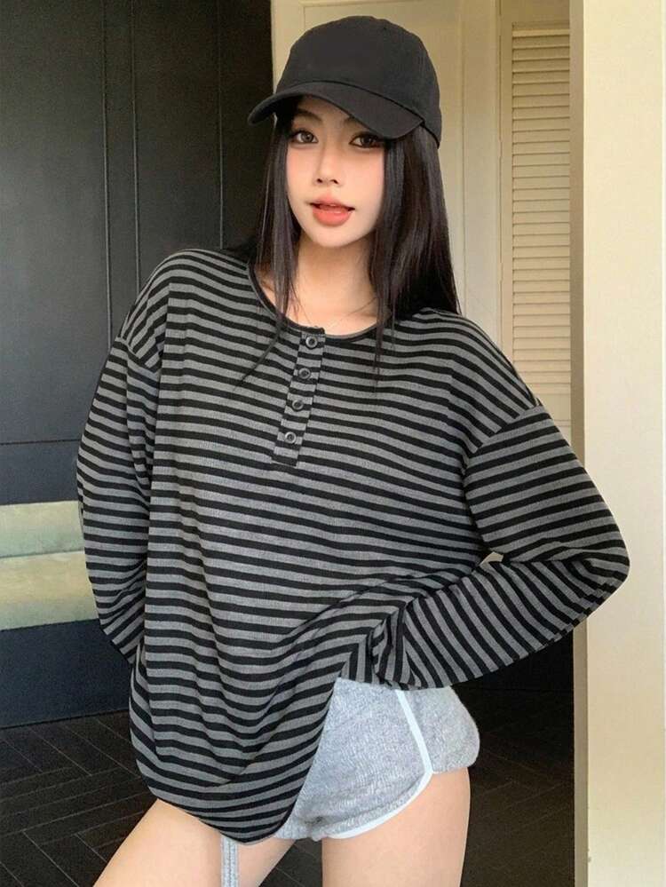 Loose Striped Color Block Long Sleeve Long T-Shirt For Women