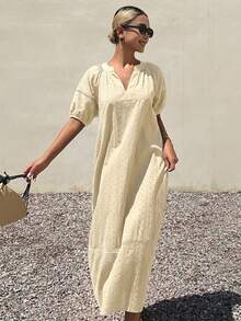 Livesso Vestido midi reto estilo camisa, solto, casual business, para férias, com textura de bolinhas, mangas bufantes elegantes, primavera-verão, para mulher, adequado para casamento e banquete - Butter Yellow - Ver 2