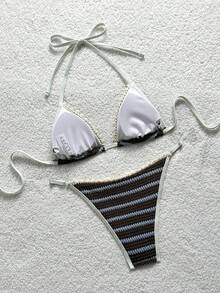 Soleia Ensemble de bikini à rayures sexy et décolleté pour femmes, été - Taupe - Voir 2